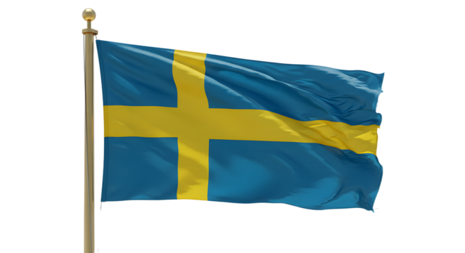 A vibrant Swedish flag waving in the wind, symbolizing national pride against a clear blue sky backdrop