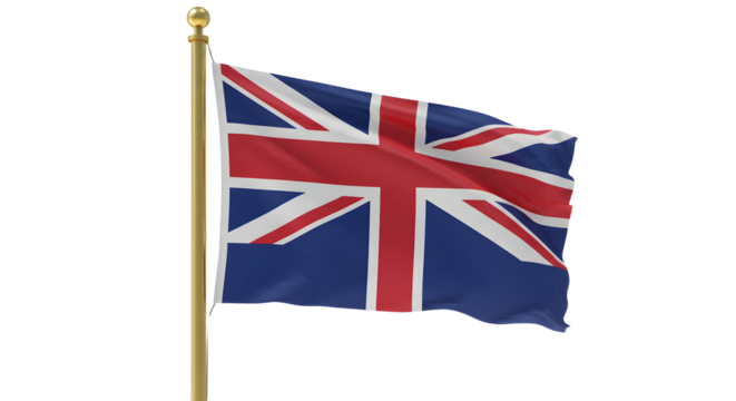A vibrant Union Jack flag waving proudly on a flagpole against a clear blue sky, symbolizing British identity and culture