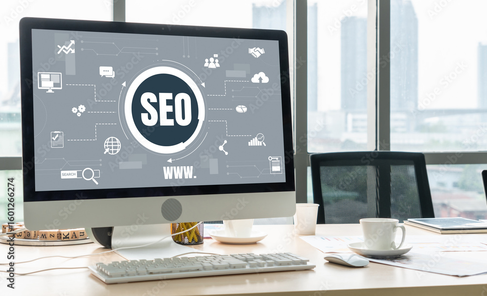 Poster seo search engine optimization for modish e-commerce and online retail business showing on computer 