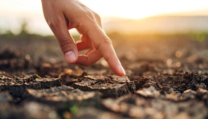 Dry cracked earth touched by a finger under the light of the sun.