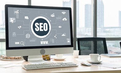 SEO search engine optimization for modish e-commerce and online retail business showing on computer...