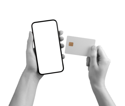 Commerce and finance tool. Woman holding phone and card, smart device screen, digital app payment,