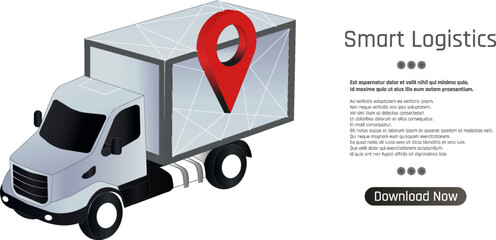 A logistics truck is shown carrying a large cargo box, featuring a prominent location marker. This symbolizes innovative solutions in supply chain management and transportation services.