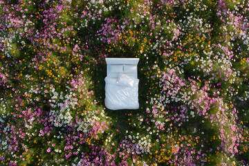 a modern bed with soft linens and pillows set amidst a meadow of blooming wildflowers under early morning light. Concept of comfort, escape,  intimacy of rest within nature’s tapestry.