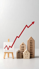 Wooden houses with upward trending graph and red arrow miniature buildings financial graph