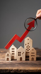 Wooden houses with upward trending red arrow examined by magnifying glass real estate housing market