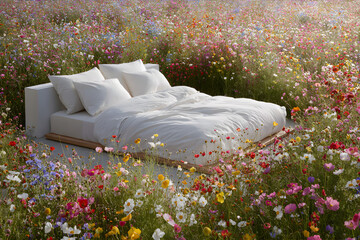 a modern bed with soft linens and pillows set amidst a meadow of blooming wildflowers under early morning light. Concept of comfort, escape, and the harmony between human rest and untamed nature.