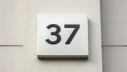 House number thirty seven on white rectangular plaque mounted on beige wall, simple modern design with black digits, clear and minimalistic style