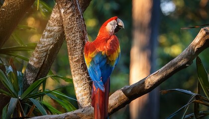 Obraz premium scarlet macaw perched on branch in sun drenched jungle