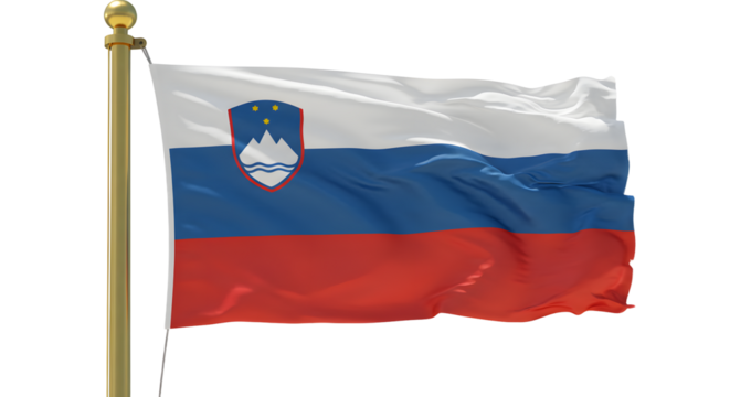 Flag of Slovenia waving proudly against a clear blue sky, symbolizing national identity and pride