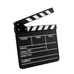 Fototapeta premium Professional matte black film clapperboard with white stripes, partially open, featuring 'SCENE', 'TAKE', 'ROLL', 'DIRECTOR', 'CAMERA' text, on a pure transparent background with no shadows.