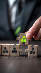 Wooden puzzle pieces with human icons representing team building and recruitment teamwork human resources