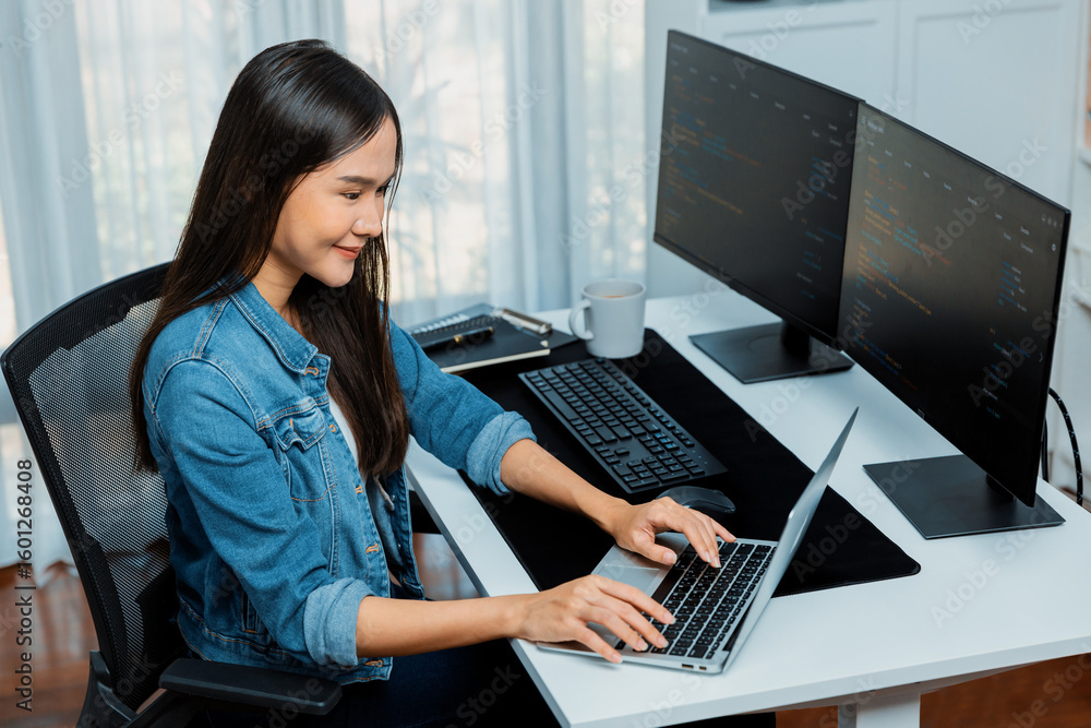 Poster smiling young asian in it developer creating with typing online information on laptop with coding pr