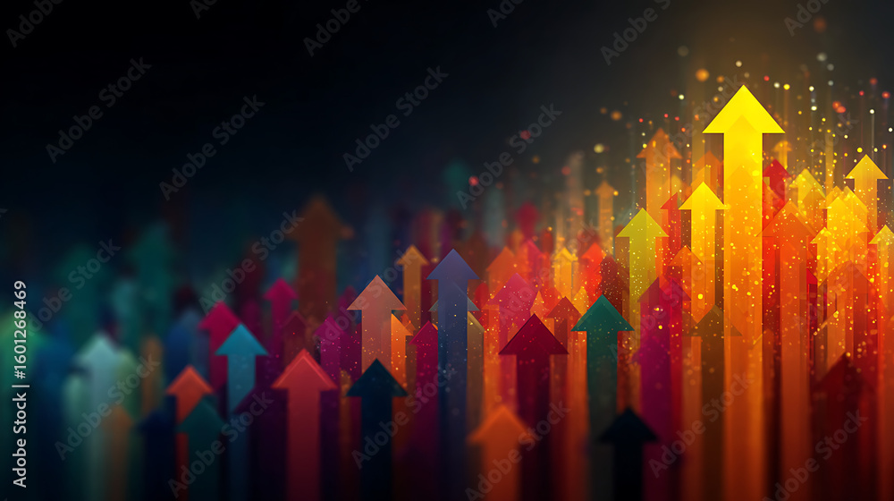 Poster vibrant upward arrows symbolizing growth success and progress in a dynamic colorful abstract backgro