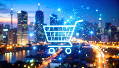 Shopping cart icon overlaid on a cityscape at night