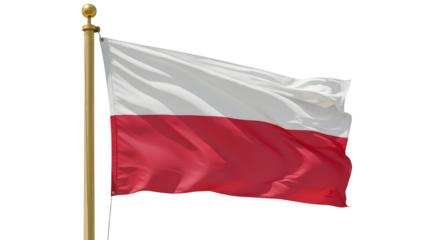 Polish flag waving gracefully in the wind against a clear blue sky, symbolizing national pride and identity
