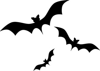 three black bat silhouettes flying across a white background. 