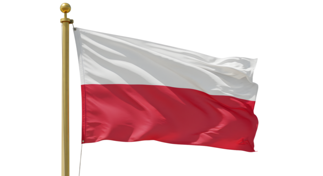 Polish flag waving gracefully in the wind against a clear blue sky, symbolizing national pride and identity