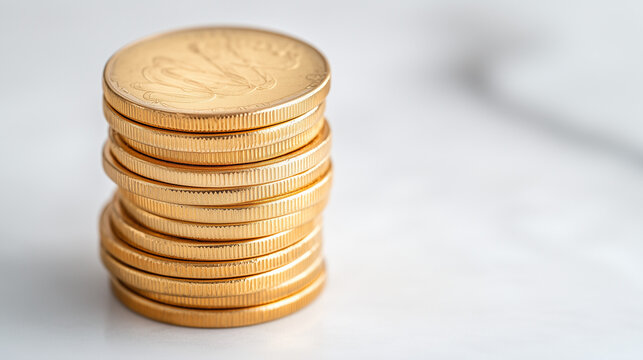 Stacked golden coins on white marble background  