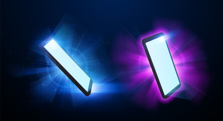 Vector set of blank mobile phone screens on glowing neon bright rays background. © sabelskaya