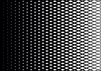 black and white pattern of diamond shapes arranged in a grid. The diamonds gradually increase in size from left to right, creating a visual gradient effect.