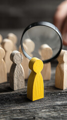 Yellow figure examined by magnifying glass among wooden people wooden figures examination