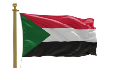 Sudanese flag waving on a flagpole against a clear blue sky, symbolizing national pride and identity