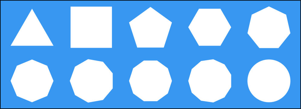 minimalistic lineup of geometric shapes on a blue background. increasing the number of sides step by step.