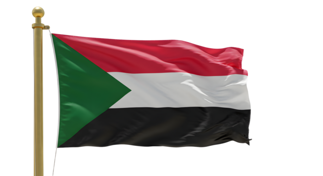 Sudanese flag waving on a flagpole against a clear blue sky, symbolizing national pride and identity