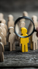 Yellow figure highlighted by magnifying glass among wooden people wooden figures selection
