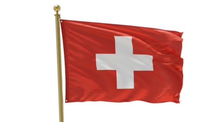 Swiss flag waving proudly against a clear blue sky, symbolizing national pride and identity in a serene landscape