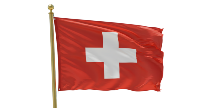 Swiss flag waving proudly against a clear blue sky, symbolizing national pride and identity in a serene landscape