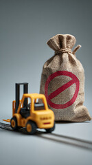 Yellow forklift approaching burlap sack with red prohibition symbol image
