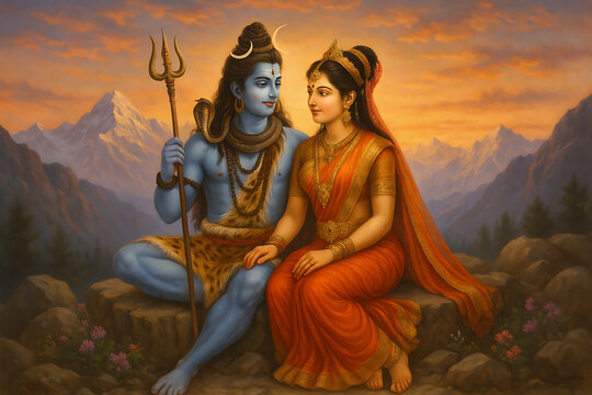 Divine Lord Shiva and Goddess Parvati at Sunset in Mountains