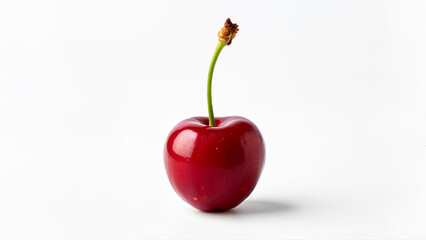 Single ripe red cherry with green stem isolated on a clean white background. Suitable for food advertisements, healthy eating concepts, and nutrition-related content.
