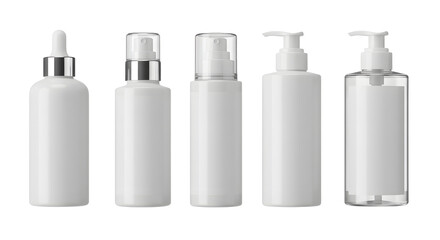A collection of five sleek, white cosmetic bottles arranged neatly, showcasing their minimalist design against a plain backdrop