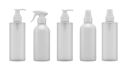 A collection of five sleek, white spray bottles arranged in a line, suitable for various liquid products, on a clean background