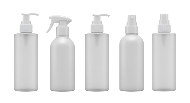 A collection of five sleek, white spray bottles arranged in a line, suitable for various liquid products, on a clean background