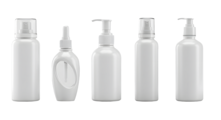 A collection of five white plastic bottles in various shapes and sizes, arranged neatly on a white background, ideal for packaging design