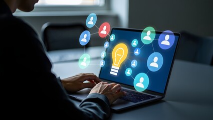 Knowledge sharing and management. Discussion forums for project management within team collaboration platform. Businessman using laptop computer for messaging team.