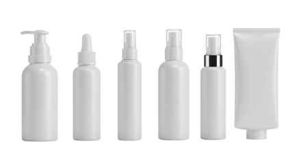 A collection of six white cosmetic containers including pumps and tubes, set against a clean background, ideal for product display
