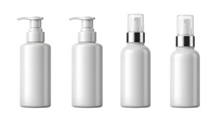 A collection of sleek, modern white cosmetic bottles arranged in a row, showcasing various designs for product packaging