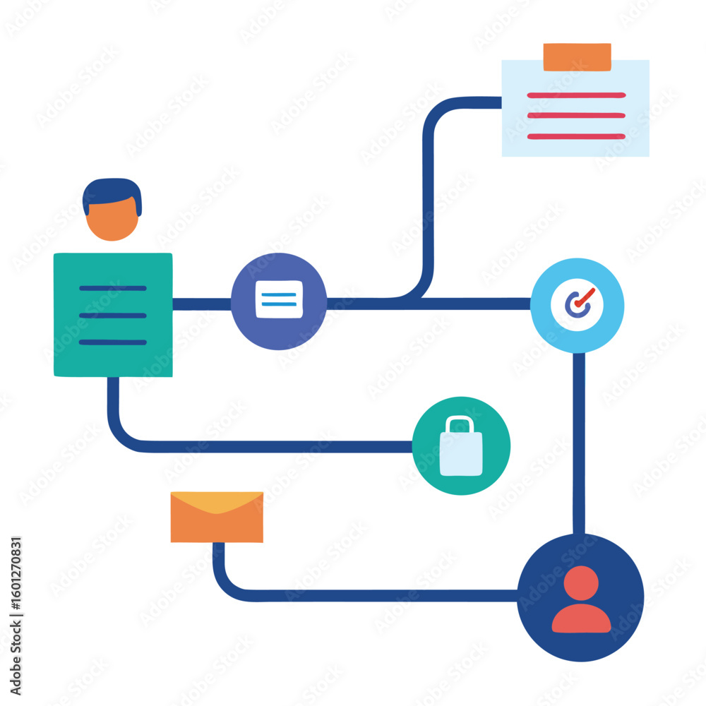 Poster flat vector illustration of a hiring process pipeline with distinct steps isolated on white backgrou