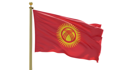Vibrant flag of Kyrgyzstan waving against a clear blue sky, symbolizing national pride and cultural identity