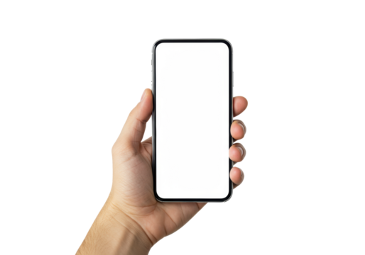 Adult hand with neutral skin tone holding a modern smartphone with a blank white screen, isolated on a pristine transparent studio background, concept for digital content mockups