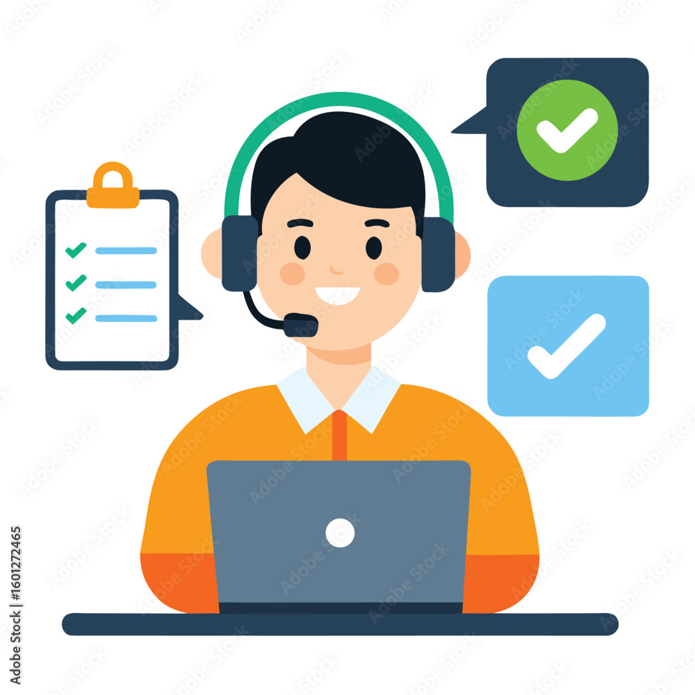 Poster support agent on video call helping customer flat vector design isolated on white background