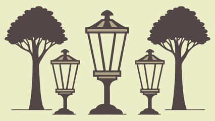 Silhouette of vintage street lamps and trees in a park setting