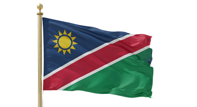Vibrant flag of Namibia fluttering against a clear blue sky, symbolizing national pride and identity