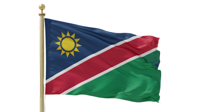 Vibrant flag of Namibia fluttering against a clear blue sky, symbolizing national pride and identity