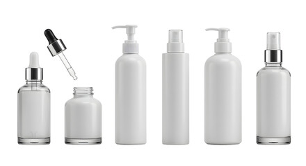 A collection of various white cosmetic bottles and droppers arranged neatly, showcasing their elegant design for potential product display